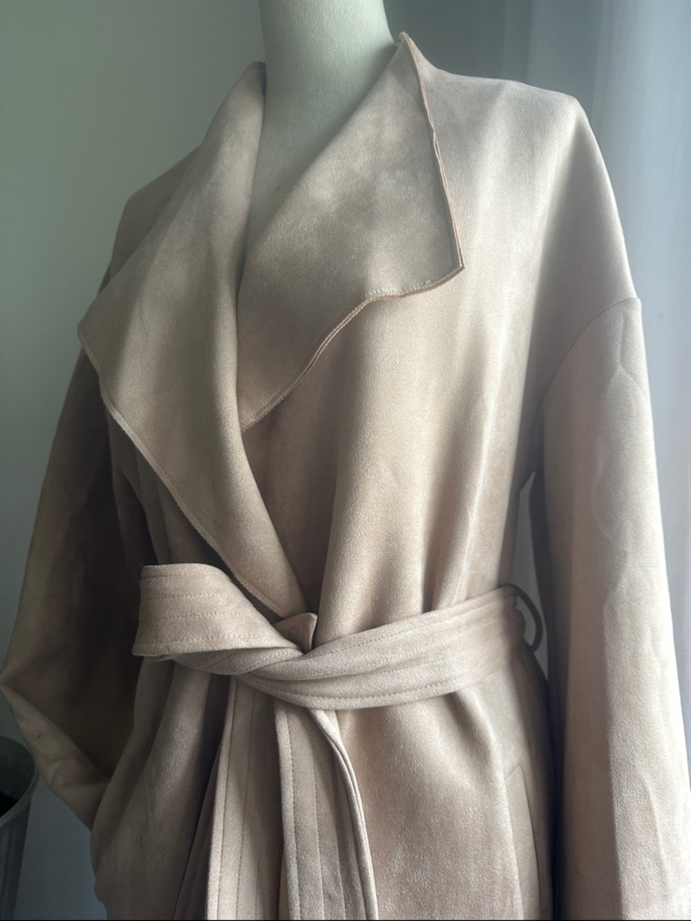 Listicle Faux Suede Drapey Taupe Lightweight Wrap with Tie Belt - Picture 2 of 13